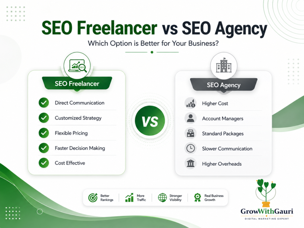 Freelance SEO expert vs Digital agency comparison graphic.