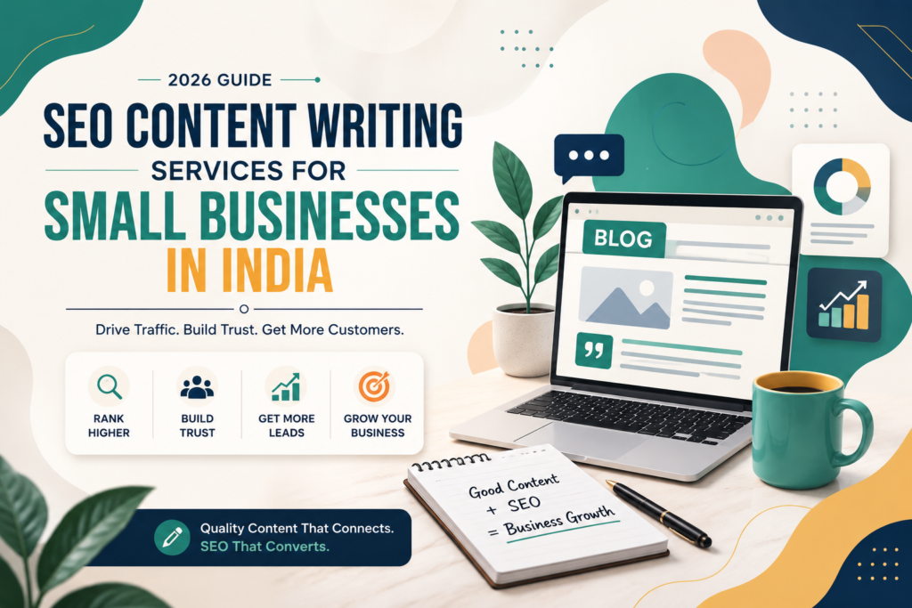 SEO content writing services for small businesses in India with laptop, blog, analytics and digital marketing elements