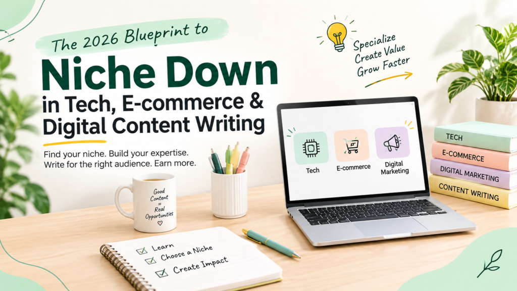 The 2026 Blueprint to niche down in content writing showing tech and e-commerce growth strategy by GrowWithGauri.
